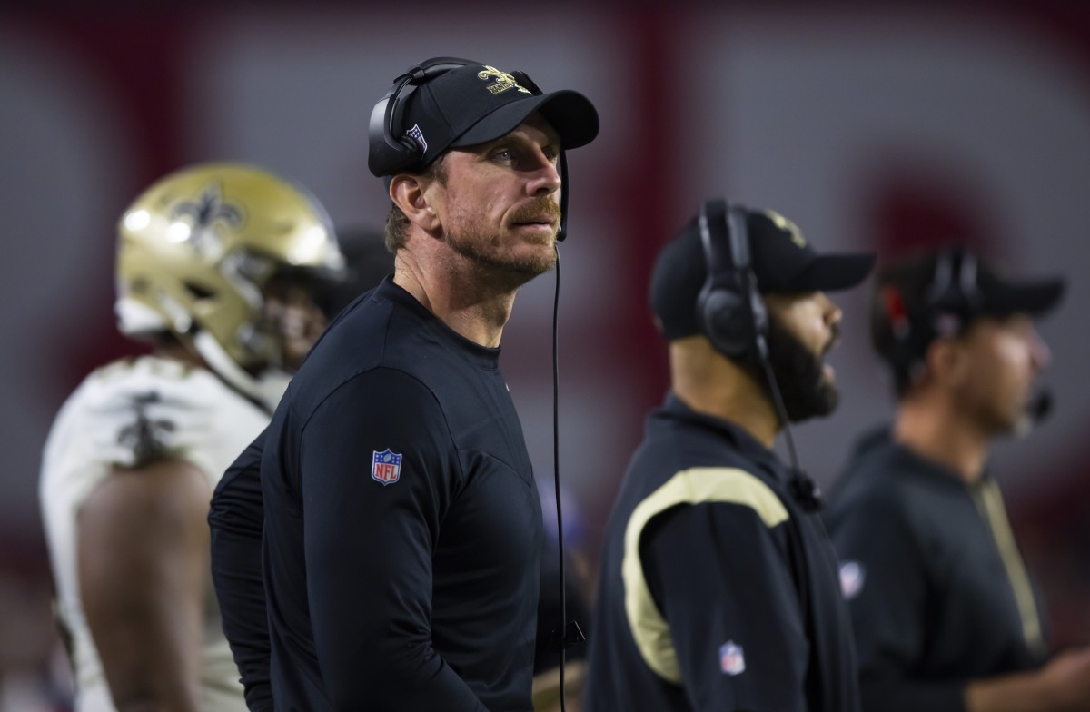 New Orleans Saints co-defensive coordinator Ryan Nielsen against the Arizona Cardinals. Mandatory Credit: Mark J. Rebilas-USA TODAY Sports
